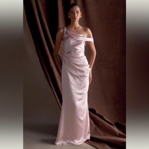 Meshki Dalia off shoulder satin maxi dress in pink